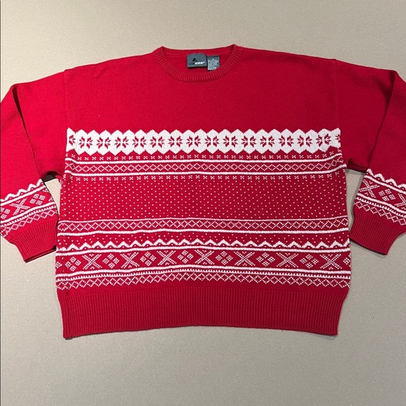 Vintage Red Fair Isle Embroidered Cotton Sweater Long Sleeves Crew Neck Nordic - Picture 6 of 9